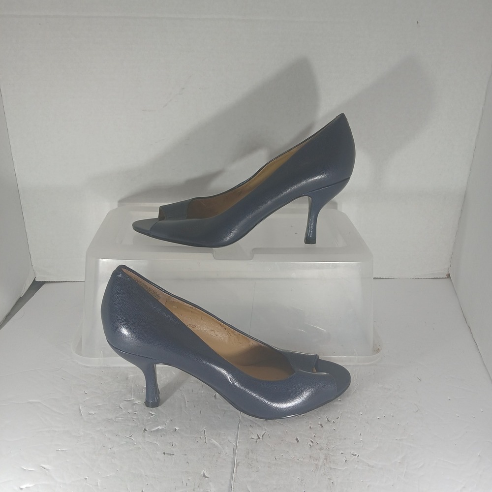 Nine West Peep Toe Pumps 7M Navy Blue Kitten Heel Office Siren Classic Chic